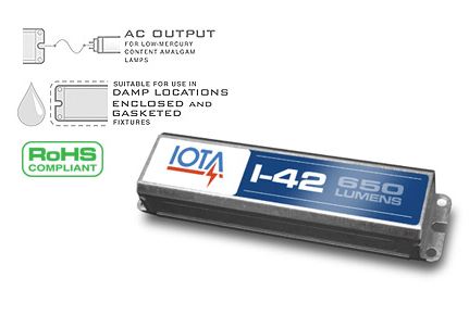 Iota I-42-EM-B 120/277 volt Rapid Start Emergency Ballast, 90min illumination, operates  (1) 10W-42W, (2) 10W-18W, 10W-42W 4-Pin CFL, w/ shielded wire whip