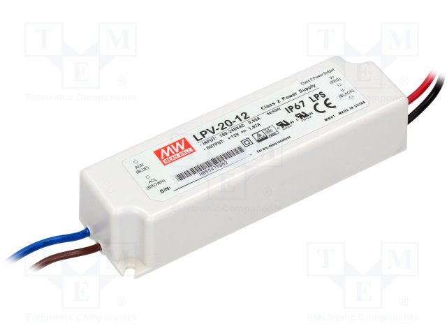 Mean Well LPV-20-12 12 volt Single Output LED Driver, 1.67 Amp, 20W