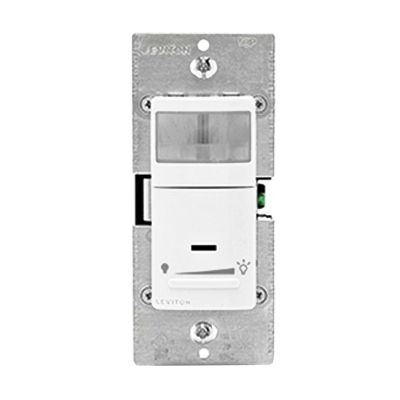 Leviton 001-IPVD6-1LZ  Decora Passive Infrared LED, CF and Incandescent Vacancy Occupancy Sensor In-Wall Dimmer Switch, Single Pole & 3-Way, Manual On, 600W Inc. & 150W LED/CFL, 900 sq. ft. 180° coverage, Time Delay 30s-30m, 120 volt, White Finish. *Discontinued*