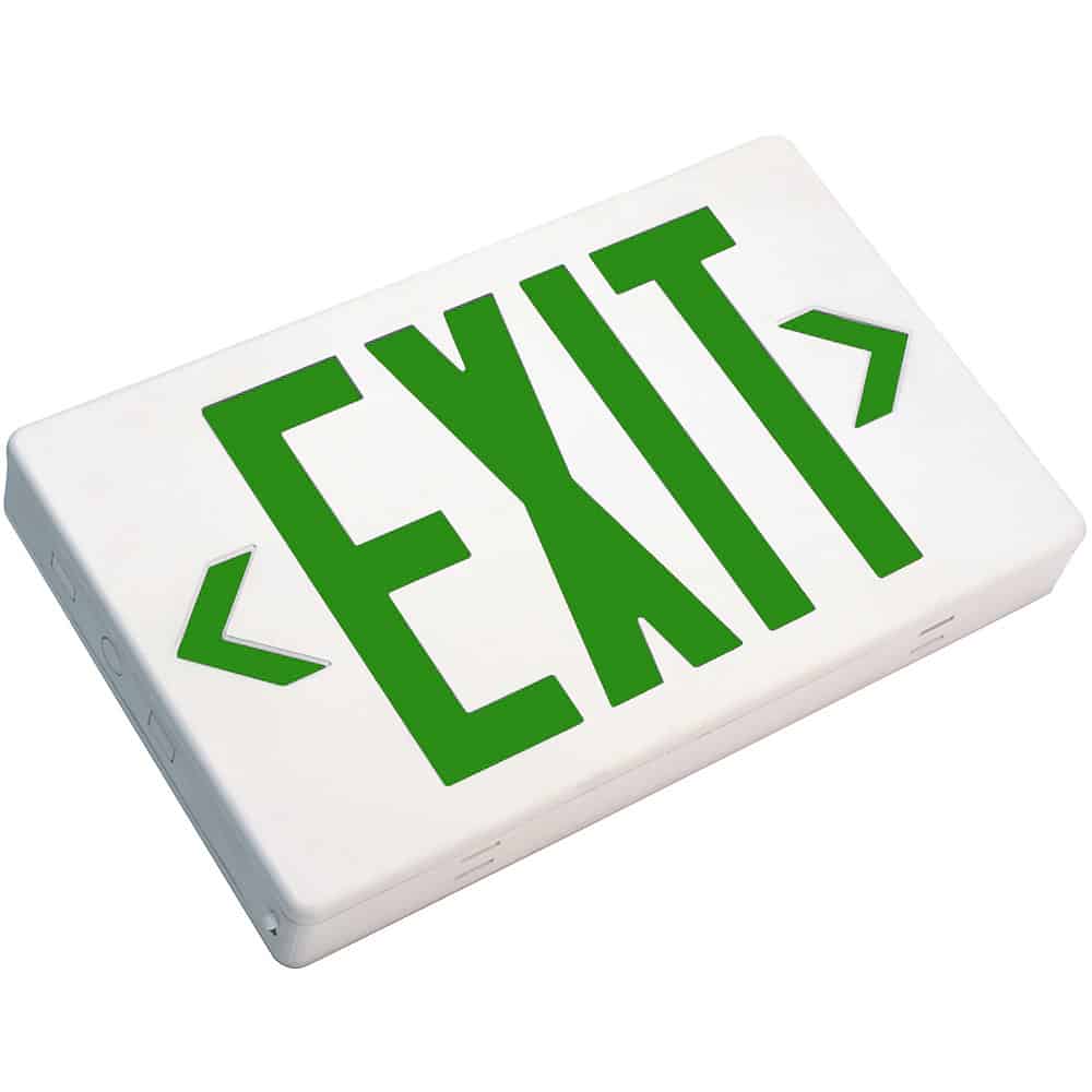 TCP 22745 Green Lettering LED Exit Sign Fixture, Universal Mount, Battery Backup, 120/277 volt, White Polycarbonate Housing