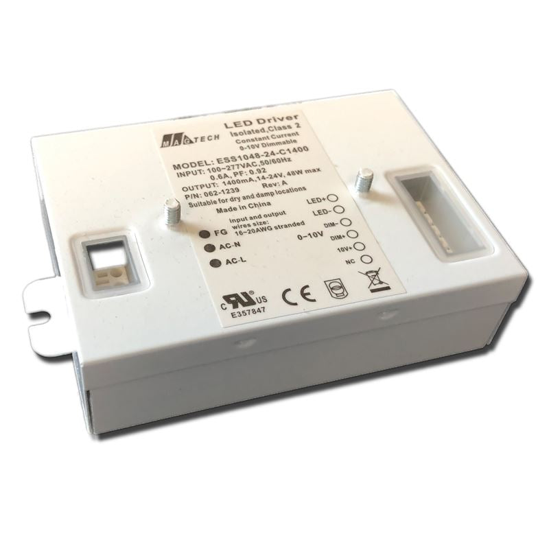 MagTech ESS1048-24-C1400 48 watt Constant Current LED Driver, 120-277 Volt Input, 14-24VDC Output, 0-10V Dimming, Damp Rated