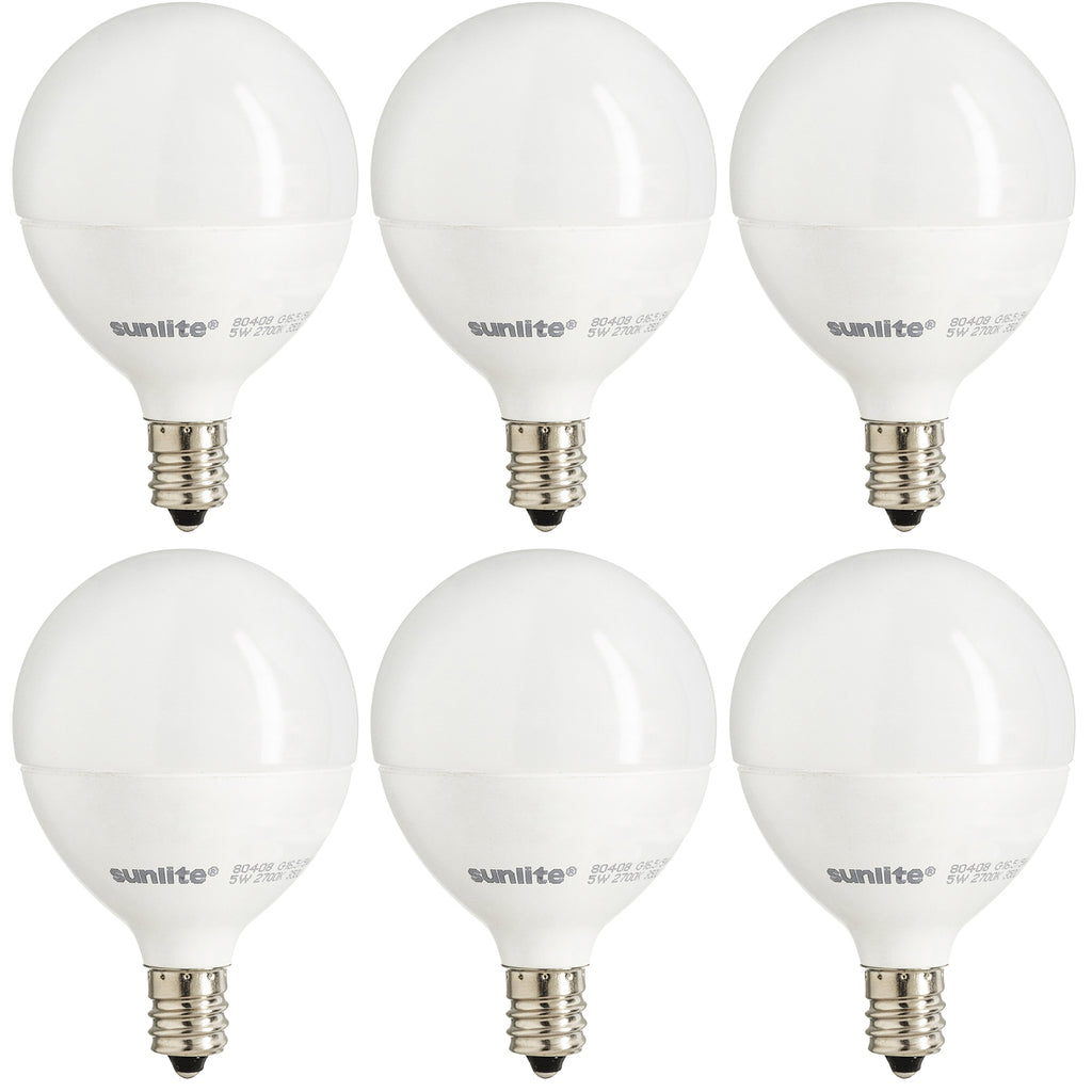 Sunlite 40296-SU G16.5/LED/5W/D/E12/FR/ES/27K/6PK 5w LED G16.5 Mini Globe Bulb 6-Pack, Candleabra (E12) Base, 2700K, 300 lumens, 25,000hr life, 120 volt, Frosted, Dimmable