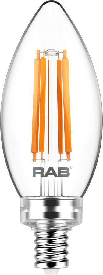 Rab B11-3-E12-927-F-C 3 watt B11 LED Clear Filament Lamp, Candelabra (E12) Base, 2700K, 300 lumens, 15,000hr life, 120 Volt, Dimming