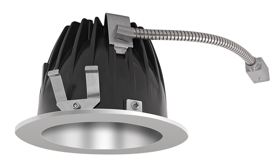 Rab NDLED6R-80-YN-S-S  6" Round LED Low-Profile Retrofit Fixture, Butterfly Bracket Mount, Specular Silver Trim Cone, 80° beam angle, 3500K, 100,000hr life, 120-277 volt, 0-10V Dimming, Silver Finish