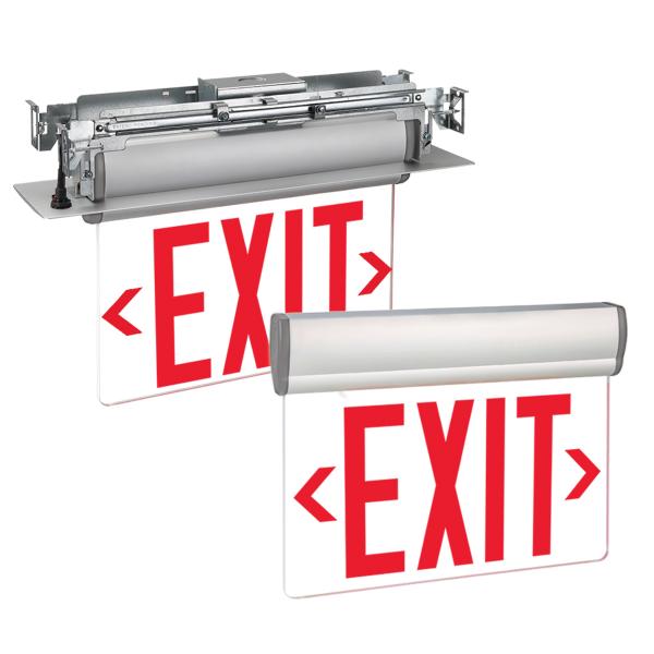 Barron Lighting S900U-LB-SR-G-AG LED Edge Lit Exit Sign, Universal Mount, AC Power Source, Includes ONe Single Face and One Double Face, Green Panel Color, Brushed Aluminum Finish