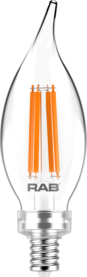 Rab BA11-3-E12-927-F-C 3 watt BA11 LED Clear Filament Lamp, Candelabra (E12) Base, 2700K, 300 lumens, 15,000hr life, 120 Volt, Dimming