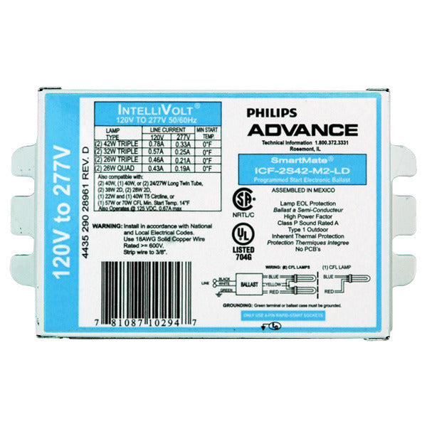 Advance ICF-2S42-M2-LDK 120-277 volt Programmed Start Ballast, operates (2) 42W 4-Pin CFL, FC9T5, FC12T5, CFM26W/GX24q, CFM32W/GX24q, CFM42W/GX24q, CFTR70W/GX24q - 70W CFL Lamps (F70QBX/4P, CF70DT/E)Side/Bottom Lead