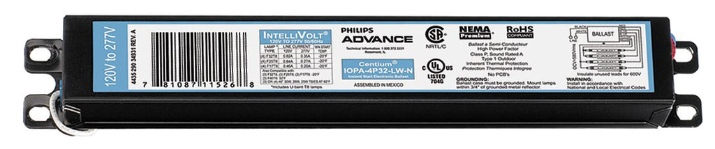 Advance IOPA-4P32-LW-N 120-277 volt Instant Start Ballast, operates (3 or 4) F17T8, F25T8, F32T8, F32T8/ES