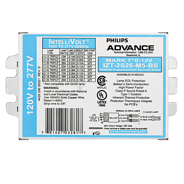 Advance IZT-2S26-M5-BS 120-277 volt Programmed Start Dimming Ballast, operates (2) 26W CFL *Discontinued*