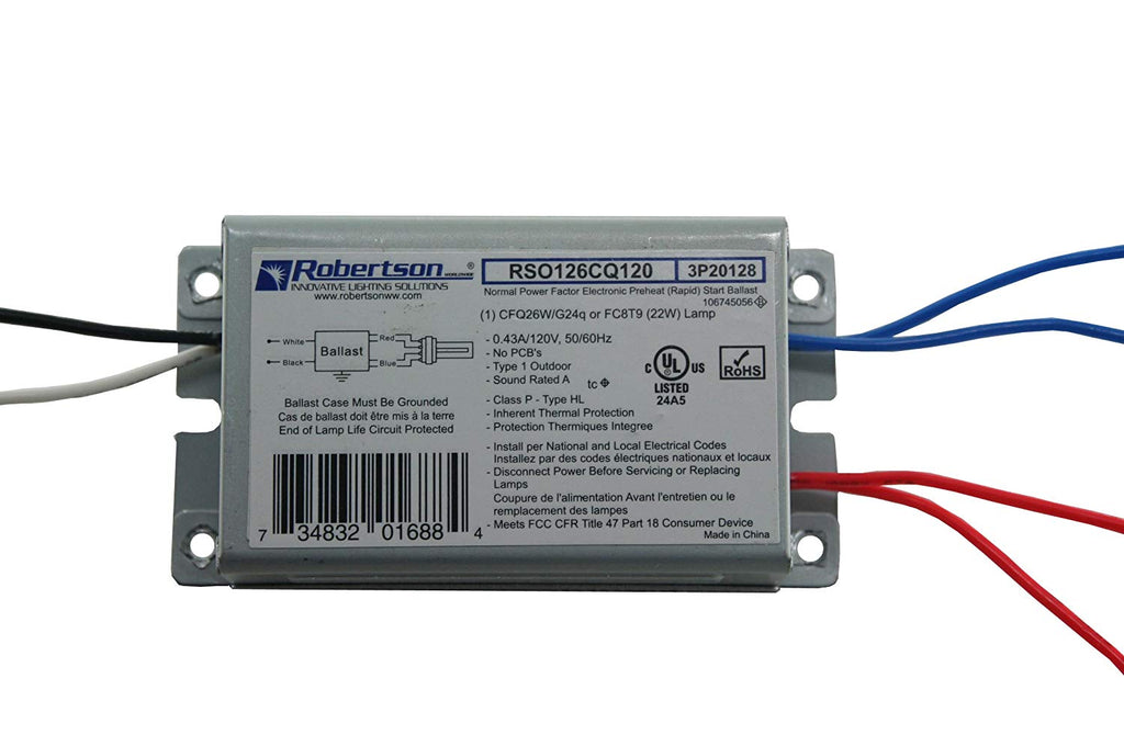 Robertson RSO126CQ120-AA  120 volt Preheat Rapid Start Ballast, operates (1) CFQ26W/G24q, or FC8T9