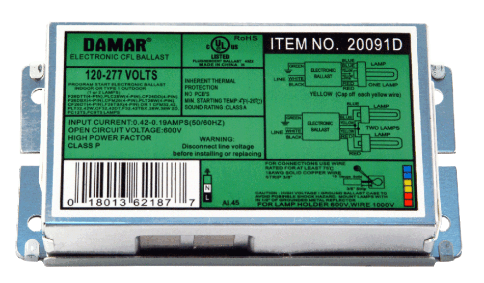 Damar 20091D EL226CF-120-277HF Electronic CF Ballast 120 TO 277 Volts, for use with (1) or (2) F26DTT(4-Pin), PLC26W(4-Pin), CF26DD(4-Pin), F26DBX(4-Pin), or with(1) CFM32, 42, PLT32W, 42W, CF32DT, 42DT, F32TBX, 42TBX, 28W, 38W High Power Factor