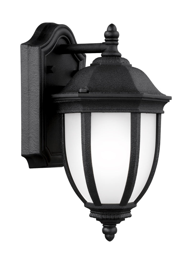 Seagull 8529301EN3-12  1-Light Small Outdoor Wall Lantern Fixture, 6-5/8" x 11-7/8" tall, Satin Etched Glass lens, w/ 9.5W Max. A19 LED Medium (E26) 3000K base lamp, 800 lumens, 15,000hr life, 120 volt Black Finish, Title 24, JA8