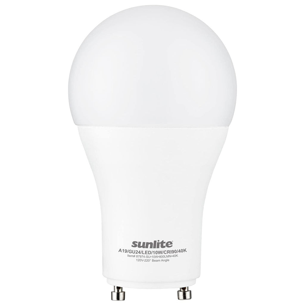 Sunlite 87974-SU A19/GU24/LED/10W/CRI90/40K 10 watt LED A19 Household Lamp, Bi-Pin (GU24) Base, 4000K, 800 lumens, 90 CRI, 25,000hr life, 120 Volt, Dimming