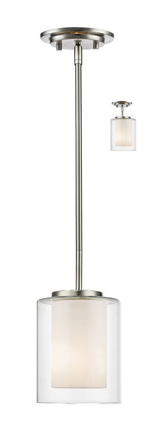 Z-Lite 426MP-BN 1-Light Mini Pendant Fixture, Medium (E26) Base, Clear Outer Glass, Opal Inside Glass, 3 x 12" Rods, 1 x 6" Rod, 1 x 3" Rods, Brushed Nickel Finish