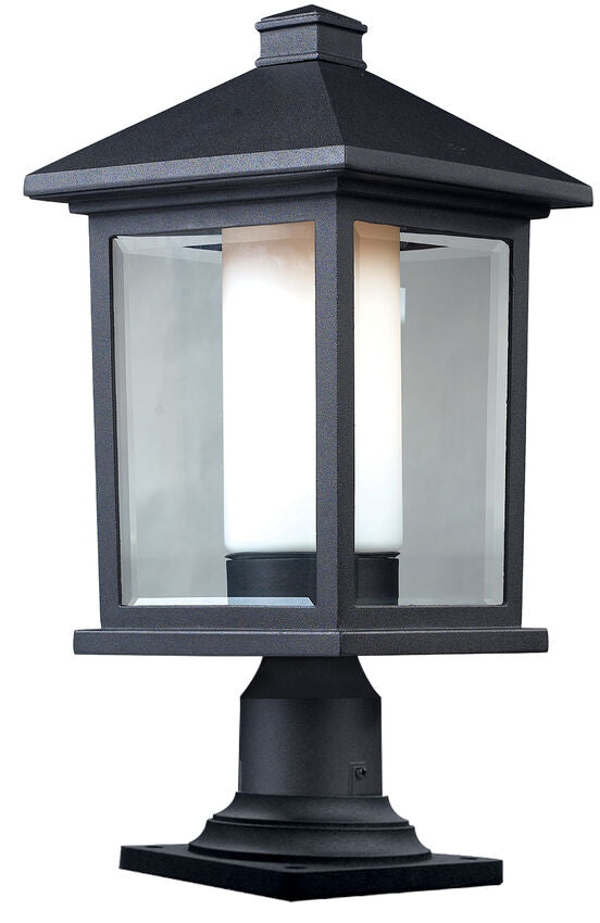 Z-lite 523PHB Mesa Collection Outdoor Post Light Fixture Including Pier Mount, 9.5"w x 20.5"h, Standard 3" Fitter, (1) 100w A19 Medium (E26) Socket, Bulb Excluded, Black Finish, Clear Beveled Glass with Matte Opal Inside Glass, Dimmable, Includes Pier Mounting Hardware