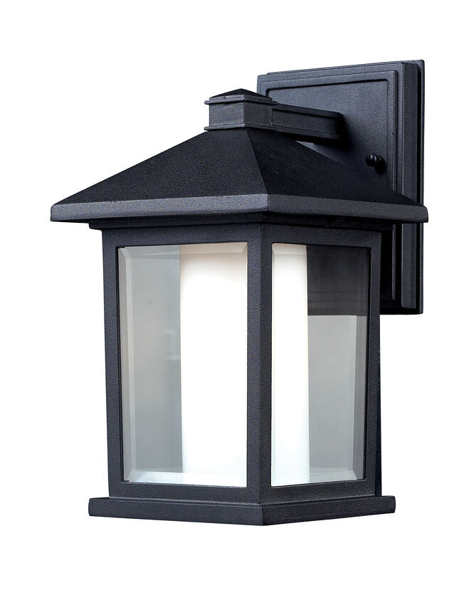 Z-lite 523S Mesa Collection Outdoor Small Wall Mount Light Fixture, 6"w x 10.5"h x 7.12" ext, (1) 60w A19 Medium (E26) Socket, Bulb Excluded, Black Finish, Clear Beveled Glass with Matte Opal Inside Glass, Dimmable