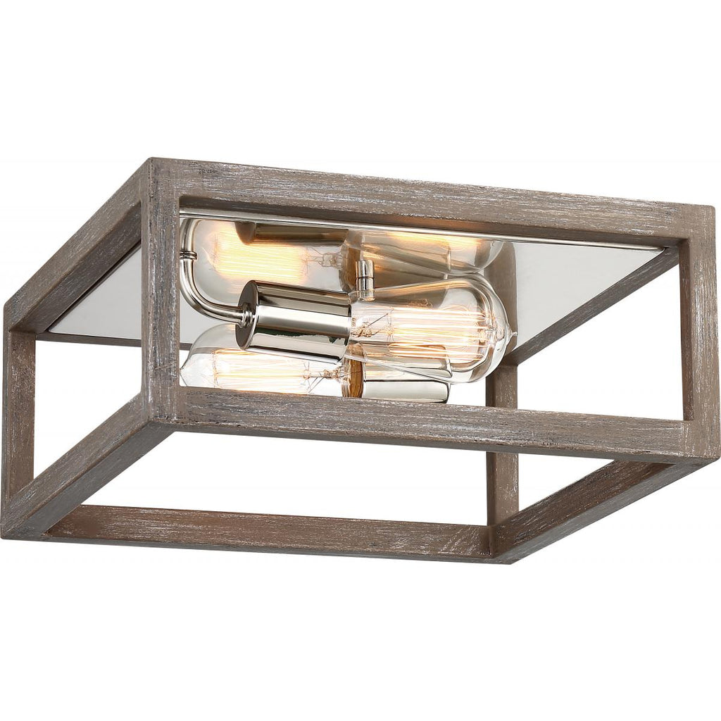 Satco 60-6482 2-Lamp 12.5" Square Ceiling Flush Mount, Medium (E26) Base, Polished Nickel Accents, Driftwood Finish