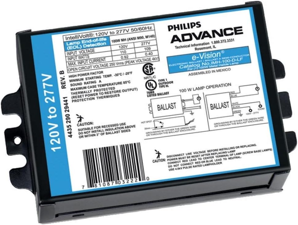 Advance IMH-70-D-LF 120-277 volt Pulse Start Ballast, side lead exit feet, operates 70W MH ANSI: M98/M139/M143