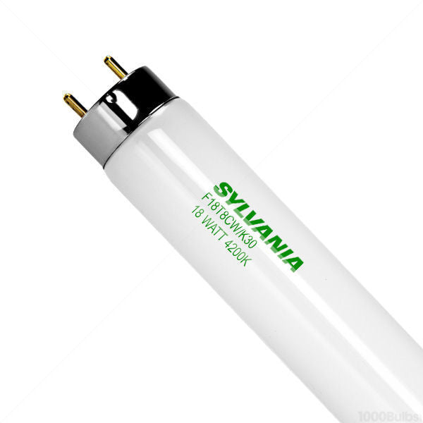 Sylvania 23030 F18T8CW/K30 18 watt T8 Linear Fluorescent Lamp, 30" length, Medium Bi-Pin (G13) base, 4200K, 1400 lumens, 7,500hr life. Sold in cases of 24