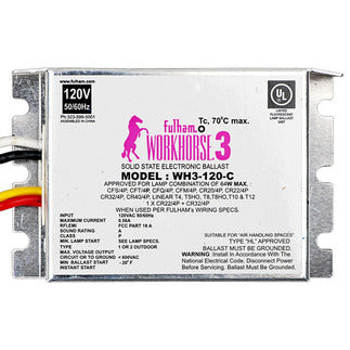 Fulham WH3-120-C 120 volt Instant Start Compact Case Ballast, operates (1) 13W-84W, (2) 13W-32W 4-Pin/T6/T10/T12/T5HO/T8/T8HO