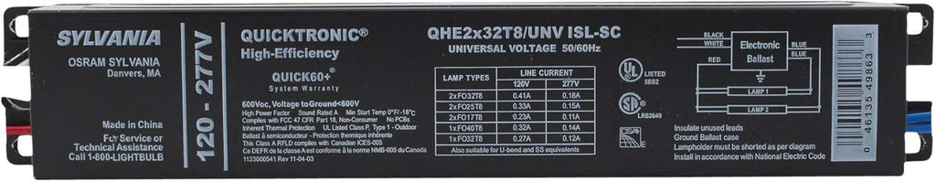 Sylvania 49863 QHE2X32T8/UNV/ISL-SC 120-277 volt Instant Start Ballast, operates (1-2) F32T8