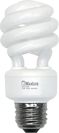 Maxlite 41105 SKS13EAWW 13 watt Mini Spiral Compact Fluorescent Lamp, Medium (E26) base, 2700K, 900 lumens, 10,000hr life, 120 volt. Not for sale in California: Not Title 20 Compliant. Discontinued.