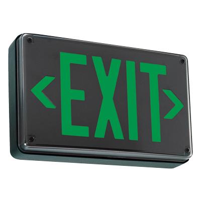 Lithonia LV S 1 G 120/277, LED 1.7w Extreme All-Conditions Exit Sign, Stencil Face, Black Faceplate on Black Housing, Single Face, Green Letters, 120-277 volt, Back Mount, BAA rated