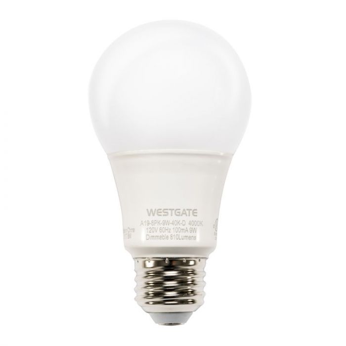 Westgate A19-9W-50K-D 9 watt A19 LED Household Lamp, Medium (E26) base,  5000K, 810 lumens, 15,000hr life, 120 volt, Dimming