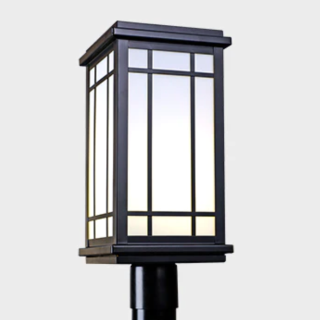 Custom FPLP-22X8-MED-WA-BK Post Top Brass Fixture, 22in. H (excluding slipfitter), 8-1/4in. Square, 1-Medium (E26) base w/out Lamp, White Acrylic Lens, Slipfitter to fit over 3in. Round Pole, Black Finish