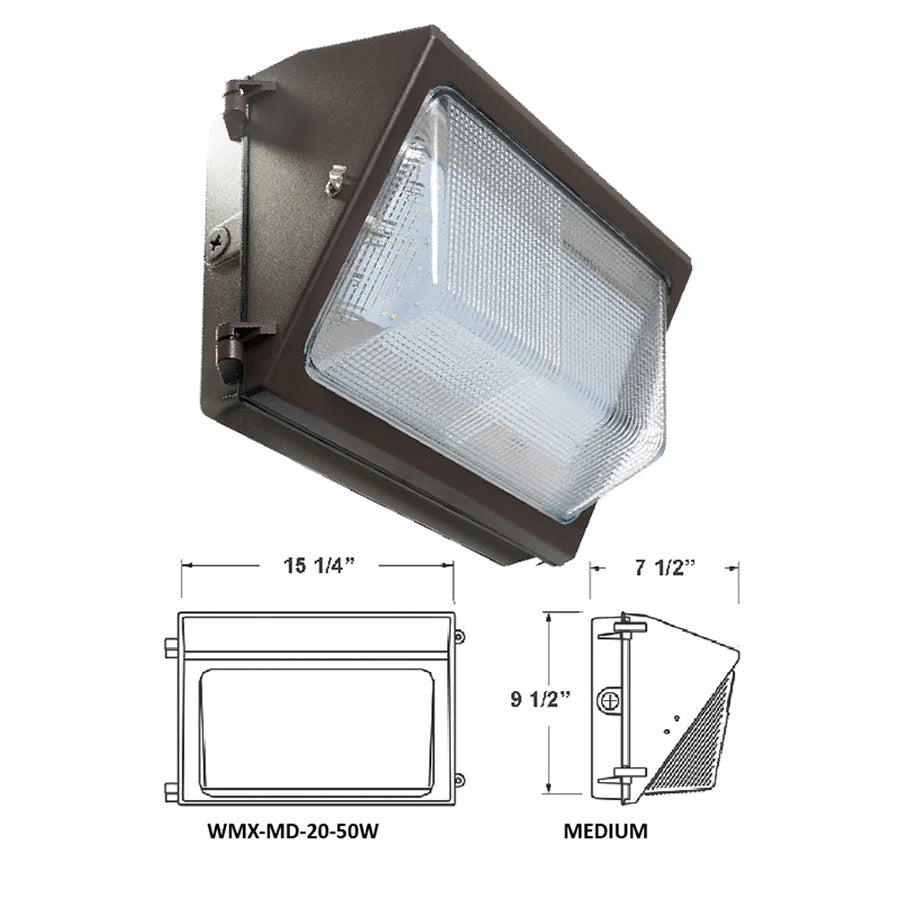 Westgate WMX-MD-20-50W-40K-OPT-CLR-70-WH 20W/30W/40W/50W Wattage Selectable LED Non-Cutoff Wallpack Fixture, 4000K, 2600/3900/5200/6500 lumens, 70,000hr life, 120-277 Volt, 0-10V Dimming, Bronze Finish