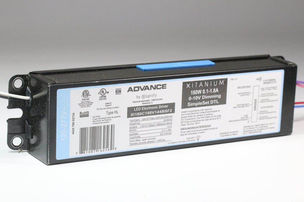 Advance XI180C090V285BSF2 180 watt Constant Current LED Driver, 120-277V Input, 70-210V Output, 100-900mA Current Range, 0-10V Dimming, Factory Tuned to 700mA