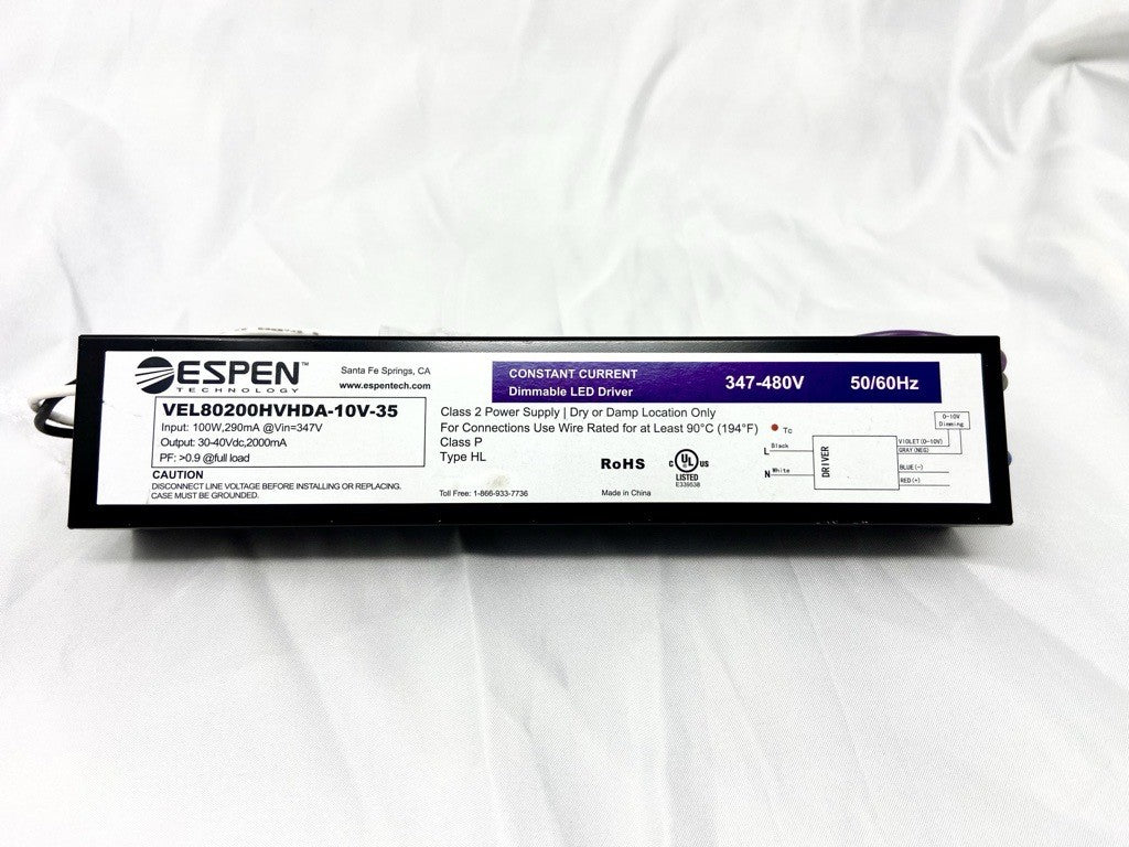 Espen VEL80200HVHDA-10V-35 100W Constant Current LED Driver, 290mA Input, 347-480V Input, 30-40vDC 2000mA Output, Dimming *Discontinued*