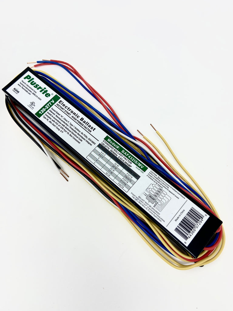 Plusrite 7294  BAF432IS/MV 120-277 volt Instant Start Ballast, operates (3-4) F32T8, FB32T8, FB31T8, FB28T8, F28T8, F32T8/ES 30W, F32T8/ES 28W, F32T8/ES 25W,  F25T8, (3) F40T8, (4) F17T8