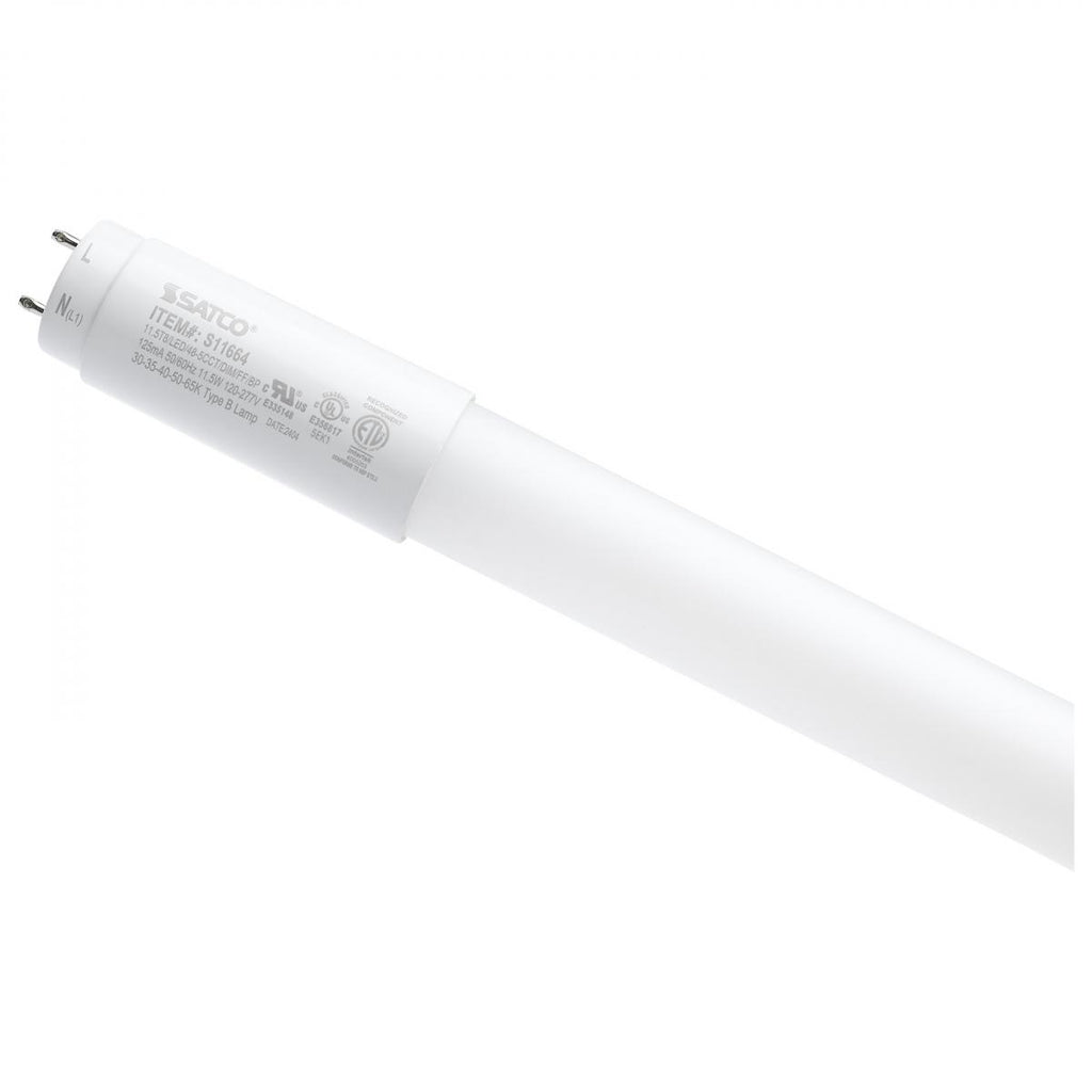 Satco S11664 11.5T8/LED/48-5CCT/DIM/LF/BP 11.5w LED 48" T8 Tube Bulb, G13 Bi-pin base, 30/35/40/50/65K, 1800 lumens, 50,000hr life, 120-277 volt, Type B Ballast Bypass, Frost Finish, Dimmable