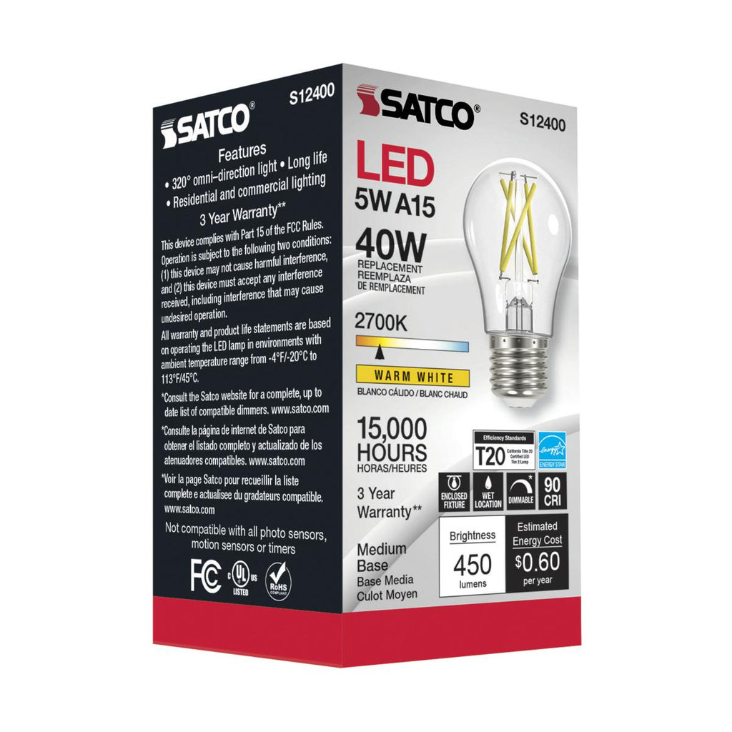 Satco S12400 5A15/CL/LED/E26/927/120V 5w LED A15 Appliance Bulb, 3.39"H x 1.89"w, Medium (E26) Base, 2700K, 450 lumens, 15,000hr life, 120 volt, Clear Glass, Dimmable