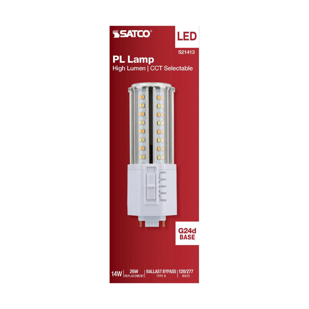 Satco S21413 14W/PL/LED/HL/5CCT/G24 14 Watt LED PL, 2-Pin (G24d) base, CCT Selectable, 30/35/40/50/65K, 1750L-1820L, Type B, Ballast Bypass, White Finish, 120/277 Volt, MOL 5.89"