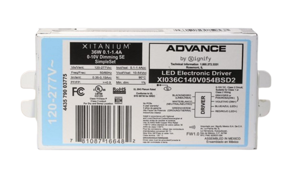 Advance XI036C140V054BSD2 Xitanium Programmable LED Driver - 36W 1400mA Dimmable, 120-277V, 0.1-1.4 Output Current, 0-10V Dimming