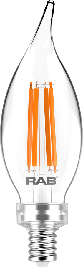 Rab BA11-3-E12-927-F-C 3 watt BA11 LED Flame Tip Clear Filament Lamp, Candelabra (E12) Base, 2700K, 300 lumens, 15,000hr life, 120 Volt, Dimming