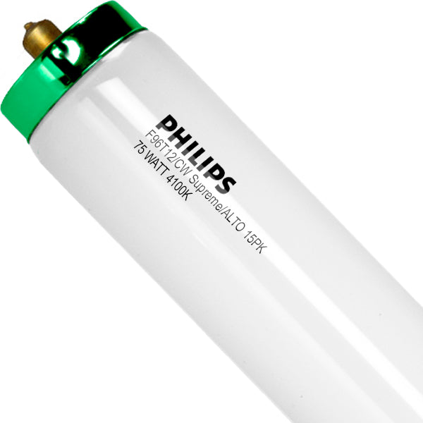 Philips 423194 F96T12/CW/SUPREME/ALTO 75 watt T12 Linear Fluorescent Lamp, 96" length, 1-Pin (Fa8) base, 4100K, 5000 lumens, 12,000hr life. Sold online in cases of 15. Call or email for &lt; case qty.