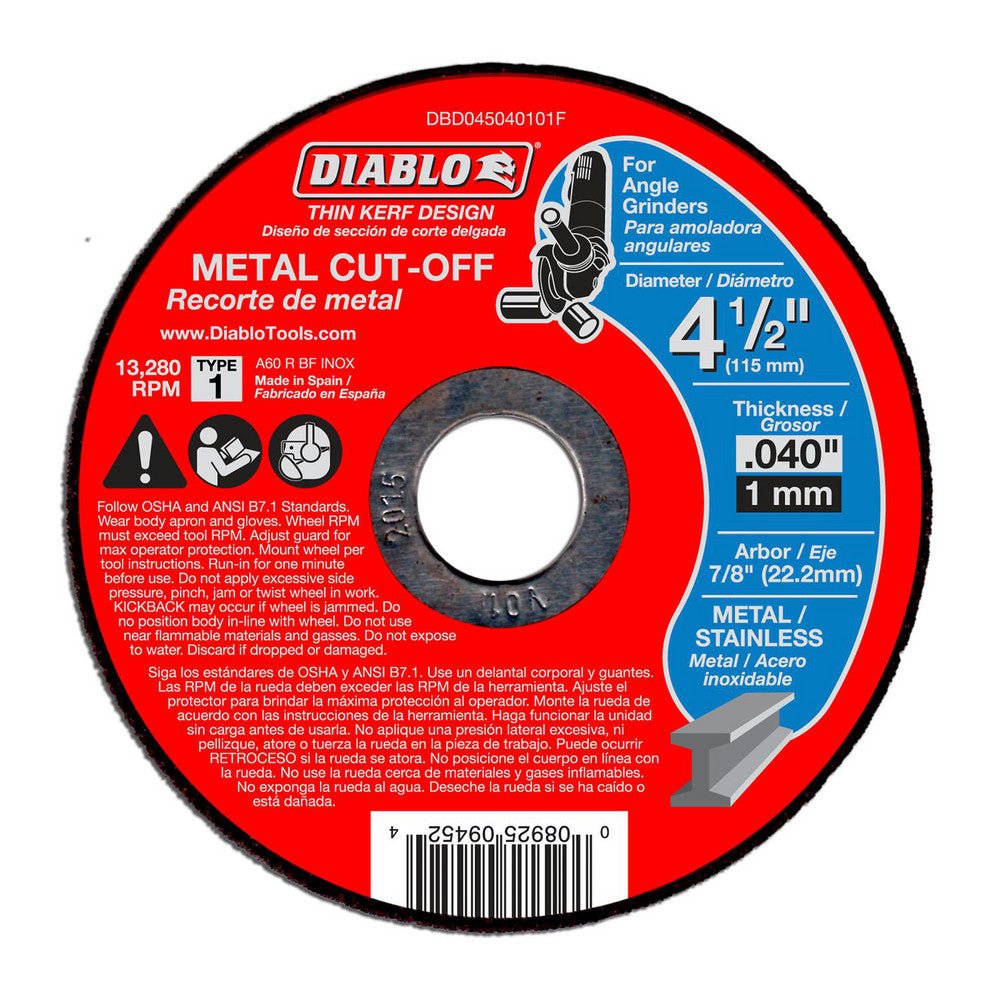 Diablo DBD045040125F Cutoff Wheel: Type 1 (01/41), 4 - 1/2" Dia, 0.0400" Thick, 7/8" Hole, Aluminum Oxide - Lighting Supply Guy
