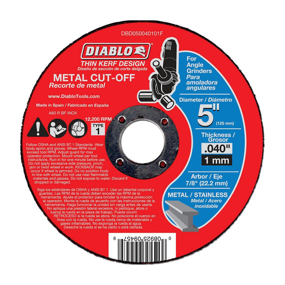Diablo DBD050040110F Cutoff Wheel: Type 1 (01/41), 5" Dia, 0.0400" Thick, 7/8" Hole, Aluminum Oxide - Lighting Supply Guy