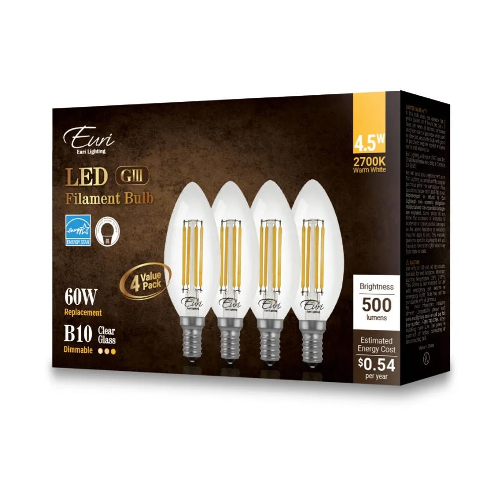 Euri VB10 - 3020e - 4 4.5w LED B10 Candelabra Bulb 4 - pack - Lighting Supply Guy