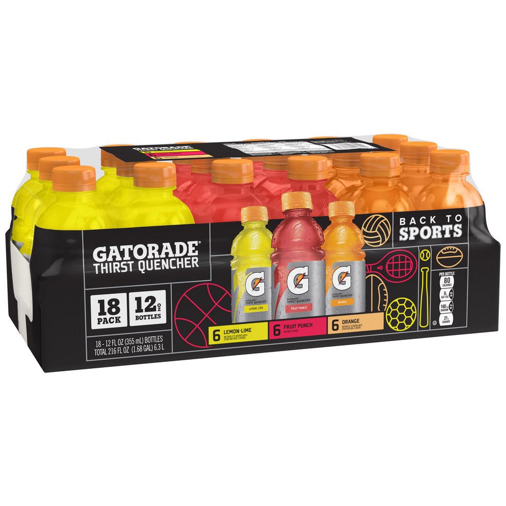 Gatorade 12324 Activity & Sport Drinks; Drink Type: Activity Drink ; Form: Liquid ; Container Yields (oz.): 12.00 ; Flavor: Lemon - Lime; Orange; Fruit Punch ; Drink Content Features: Hydration Electrolytes Single Serve ; Container Type: Bottle - Lighting Supply Guy
