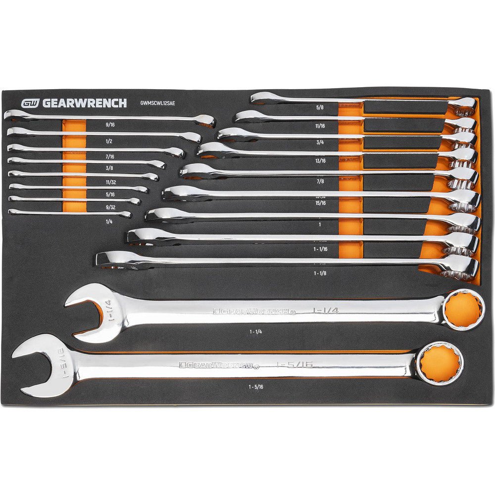 GEARWRENCH GWMSCWL12SAE Wrench Sets; Set Type: Long Pattern Combination Wrench Set ; System Of Measurement: Inch ; Size Range: 1/4 in - 1 - 1/8 in ; Container Type: Foam Module ; Material: Alloy Steel ; Finish Coating: Chrome - Lighting Supply Guy