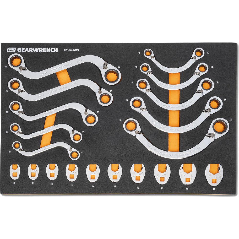 GEARWRENCH GWMSSRWMM Wrench Sets; Set Type: Reversible Double Head Half Moon & S - Shape Box End & Crowfoot Wrench Set ; System Of Measurement: Metric ; Size Range: 10 mm - 19 mm ; Container Type: Foam Module ; Material: Alloy Steel ; Finish Coating: Chrome - Lighting Supply Guy