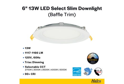 Halco 89109 DFDLS6 - 15 - CS - BT 13w LED 6" Select Silm Downlight with Baffle Trim - Lighting Supply Guy