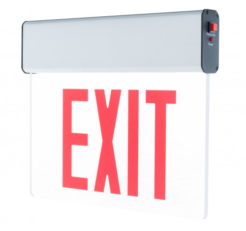 Westgate XE-1RCA-EM 4.5 watt LED Red Lettering Edge Lit Exit Sign Fixture, Clear Acrylic Panel, Single Face, Universal Mounting, Battery Backup, 120-277 volt, Aluminum & White Tim Plate Housing