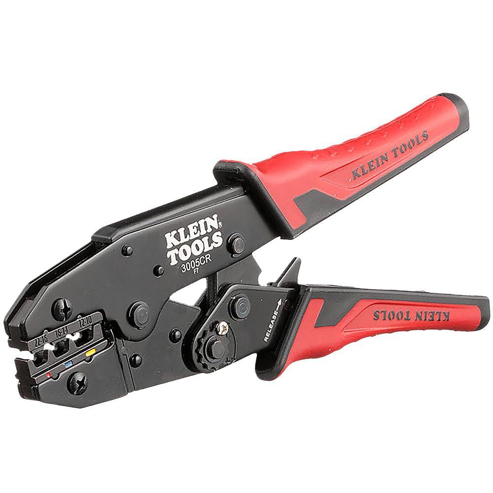 Klein Tools 3005CR Crimpers; Crimper Type: Terminal ; Capacity: 10 - 22 AWG ; Handle Material: ABS ; Terminal Type: Standard ; Features: 3 Crimping Cavities ; Ratcheting: Yes - Lighting Supply Guy