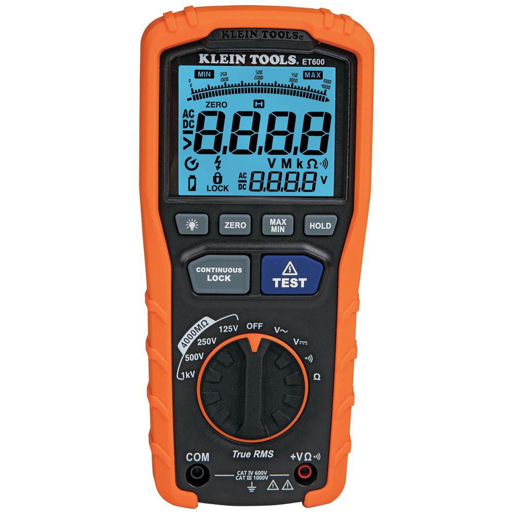 Klein Tools ET600 Megohmmeters; Display Type: LCD ; Power Supply: AA Batteries ; Resistance Capacity (Megohm): 4000 ; Maximum Test Voltage: 1000 ; Overall Length: 7.93 ; Overall Height: 2.32in - Lighting Supply Guy