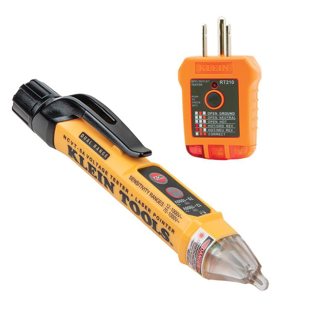 Klein Tools NCVT5KIT Circuit Continuity & Voltage Testers; Tester Type: Receptacle Tester with GFCI; Non - Contact Voltage Tester ; Minimum Voltage: 12 VAC ; Maximum Voltage: 12V DC ; Display Type: LED ; Audible Alert: Yes ; Batteries Included: Yes - Lighting Supply Guy